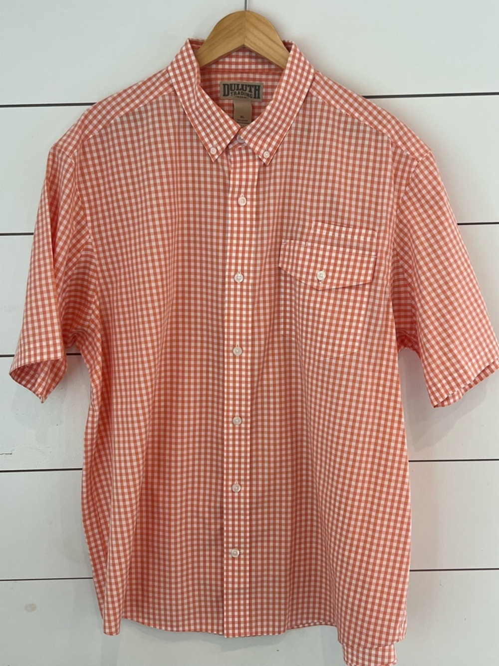 Duluth Trading Co Short-Sleeve Orange Gingham Button-Down Shirt XL